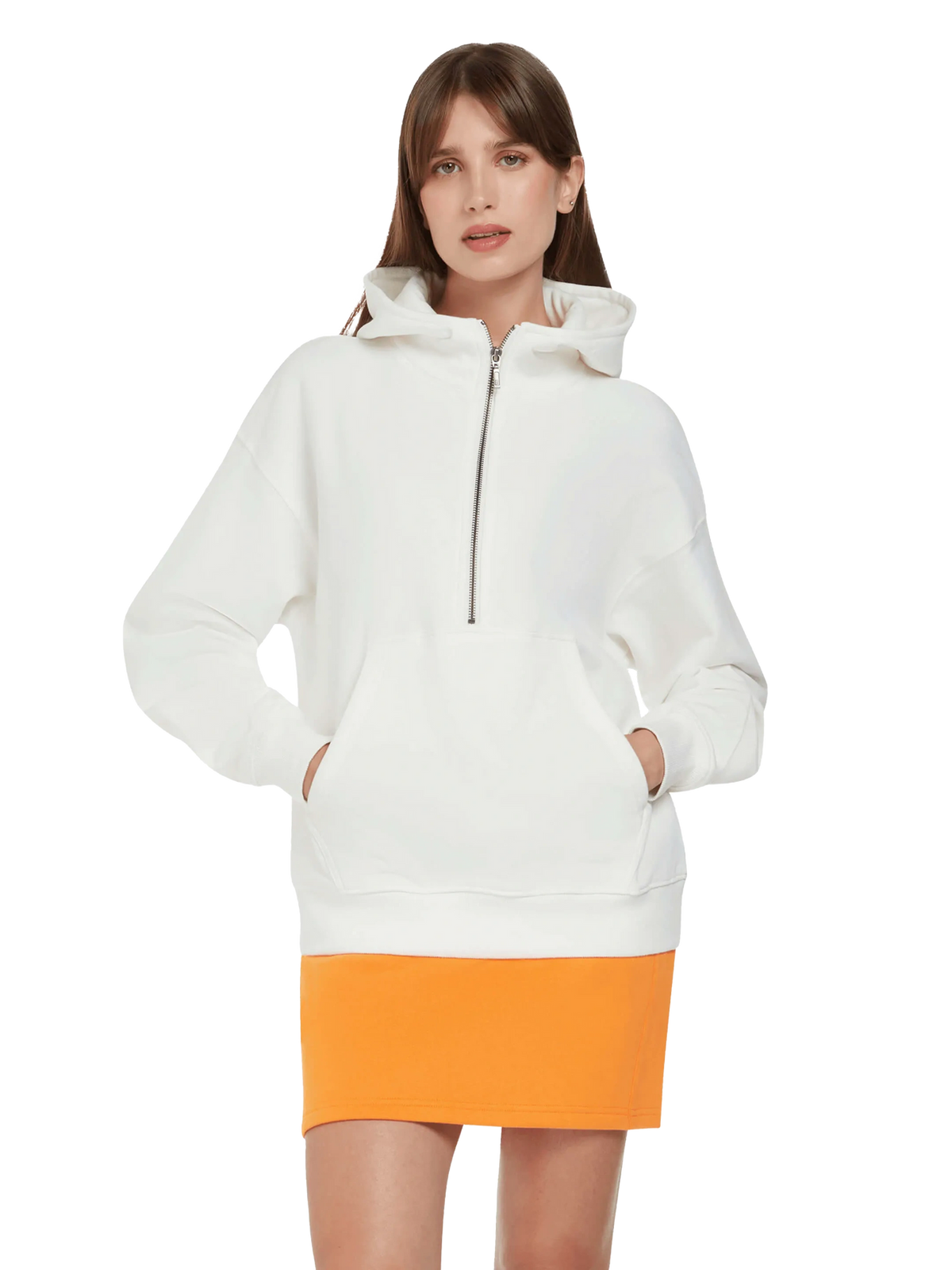 Model wearing the women's organic half zip hoodie in Sueded Off White