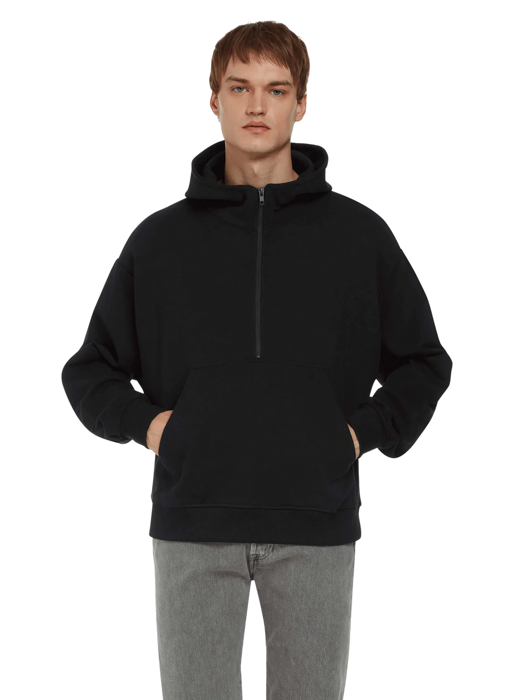 Model wearing the unisex organic half zip hoodie in black, front view