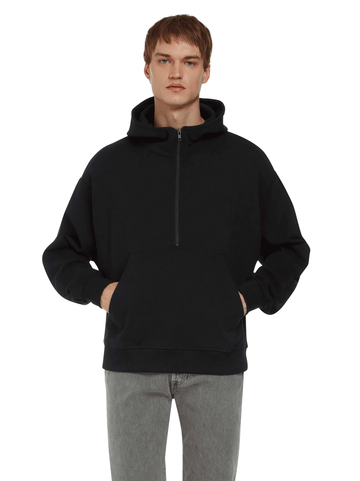 Model wearing the unisex organic half zip hoodie in black, front view