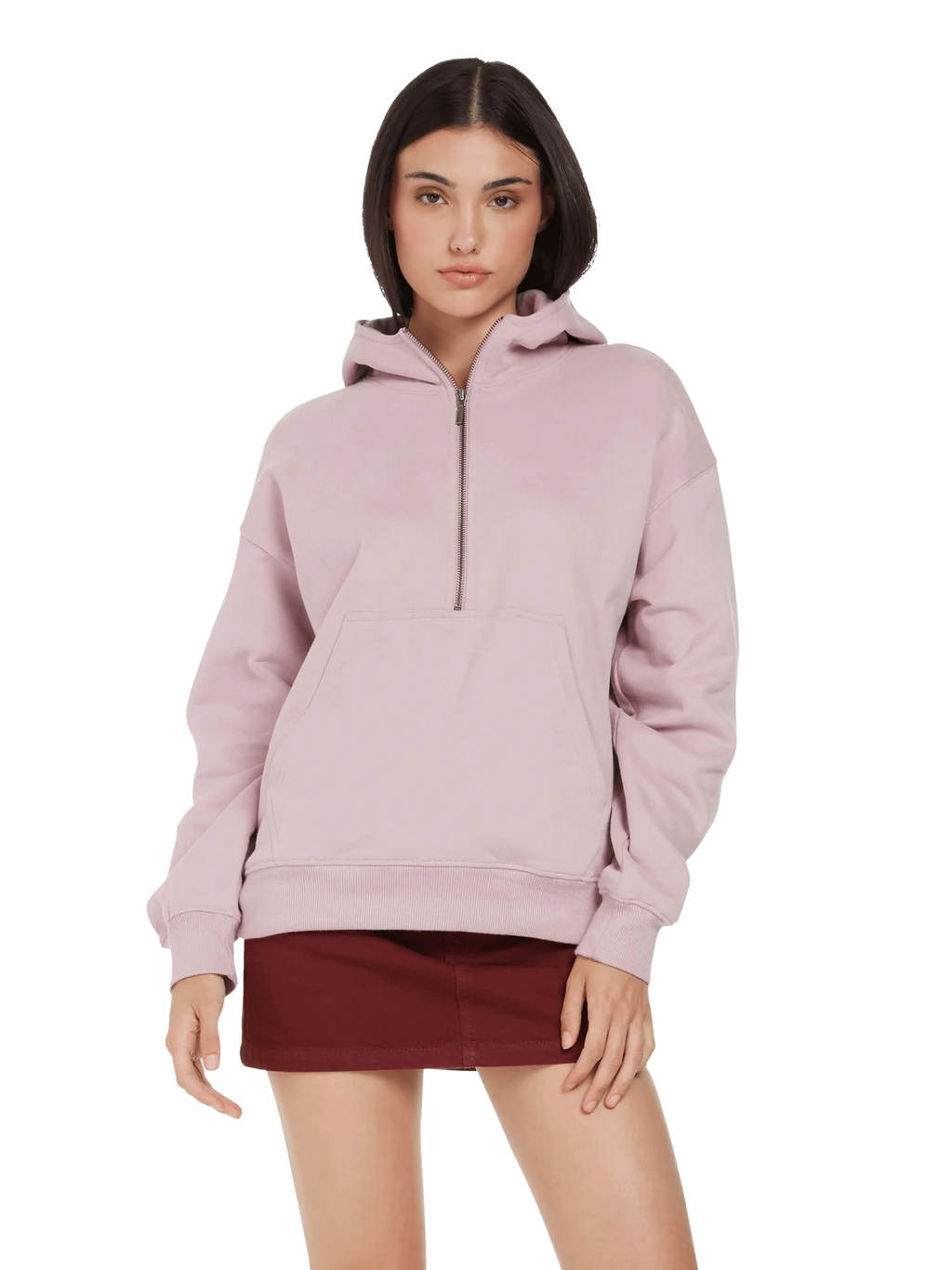 Model wearing the women's organic half zip hoodie in Sueded Miami Pink, front view