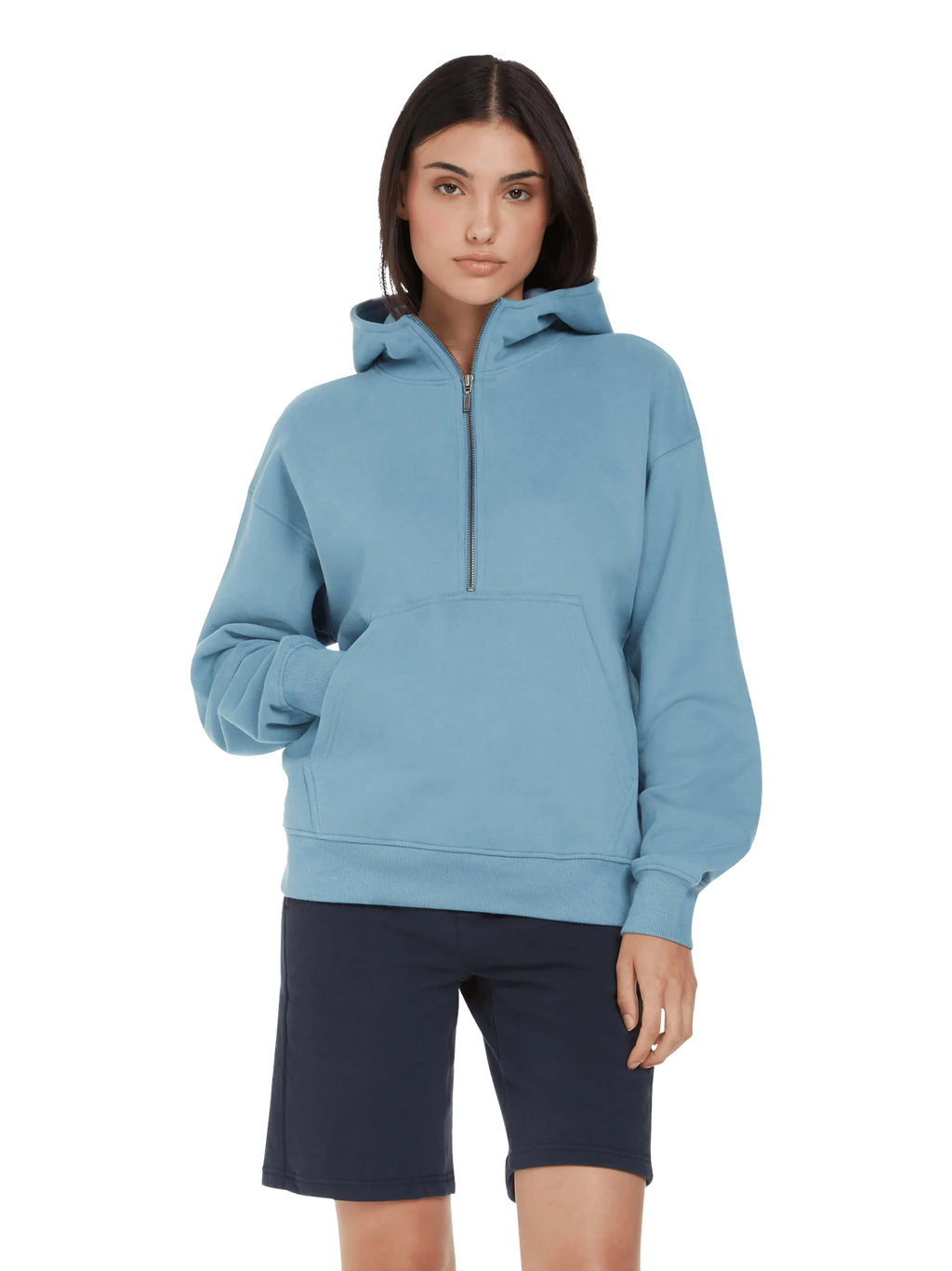 Model wearing the women's organic half zip hoodie in Sueded Blue Dusk, front view