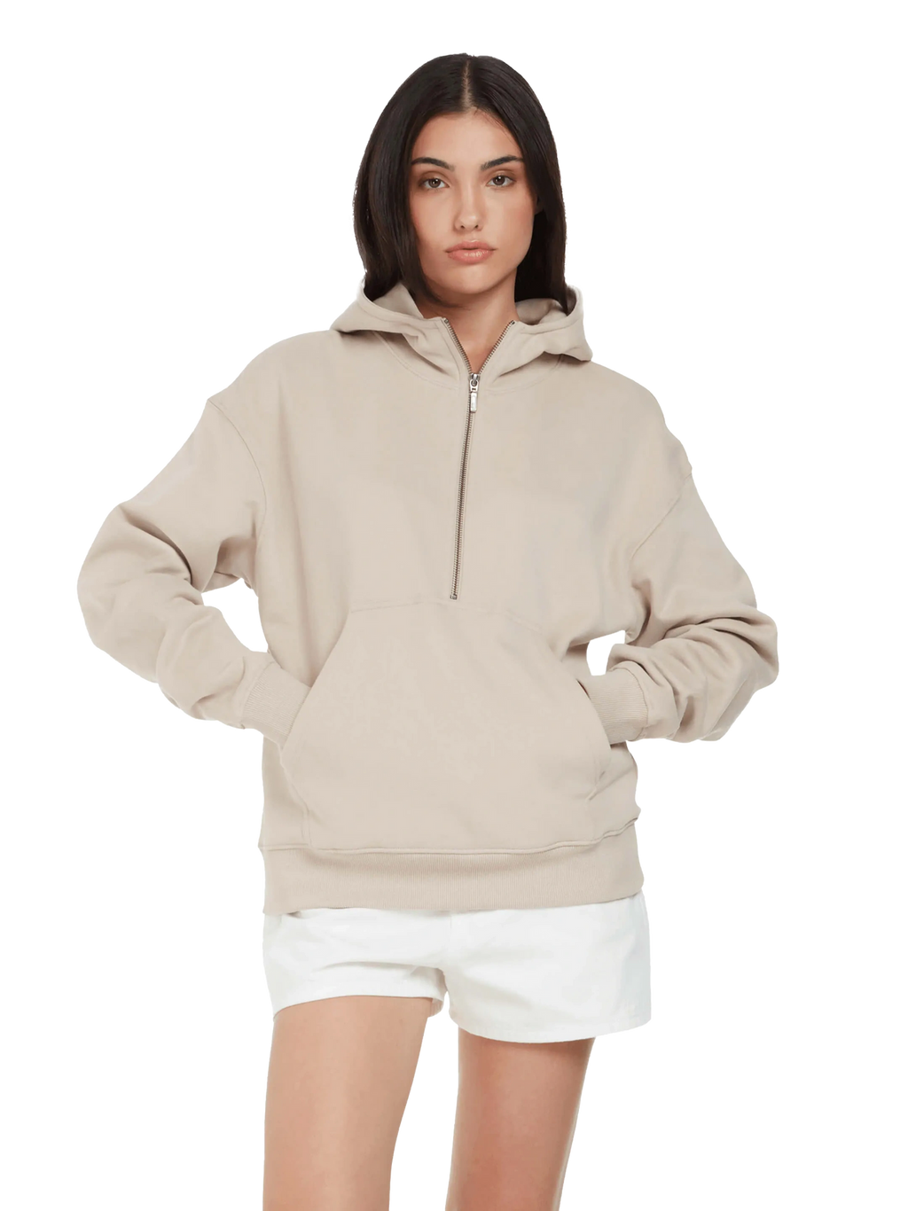 Model wearing the women's organic half zip hoodie in Sueded Fawn, front view