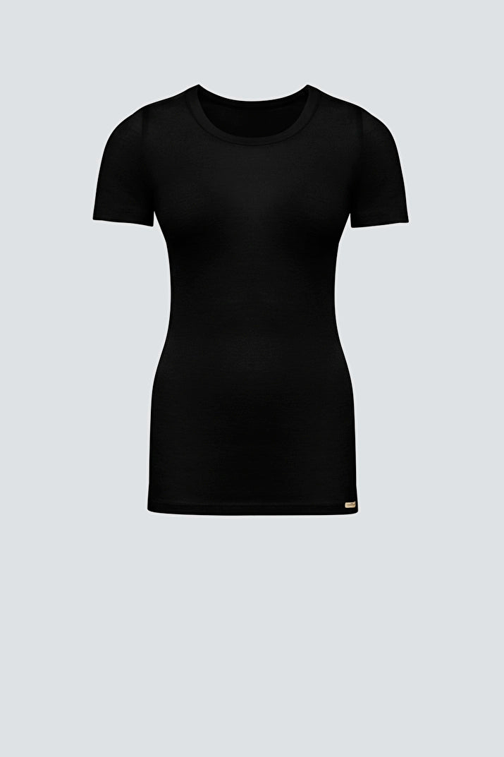 Women's merino wool and silk thermal t-shirt in Black, front view