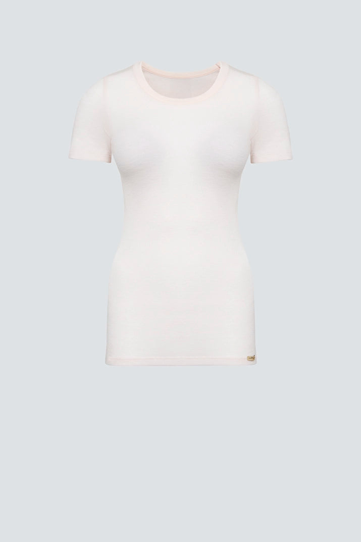Women's merino wool and silk thermal t-shirt in Cream Pink, front view
