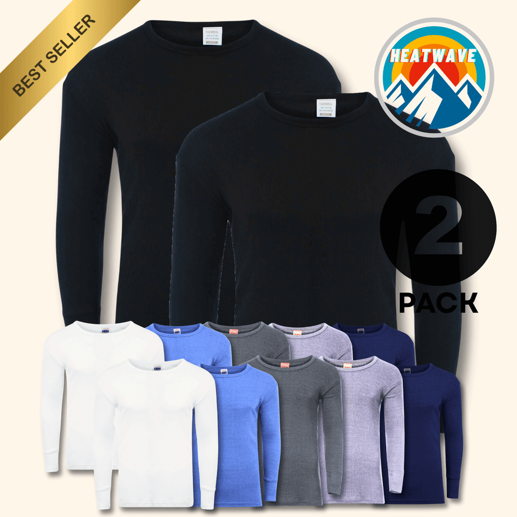Men's thermal long sleeve tops, pack of 2 in BLACK, with WHITE, BLUE, CHARCOAL, GREY and NAVY pairs below