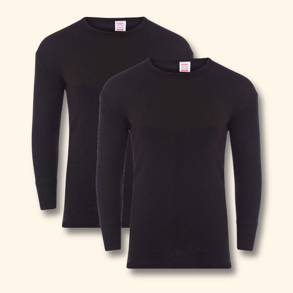 Men's brushed thermal long sleeve tops in BLACK, pack of 2, front view