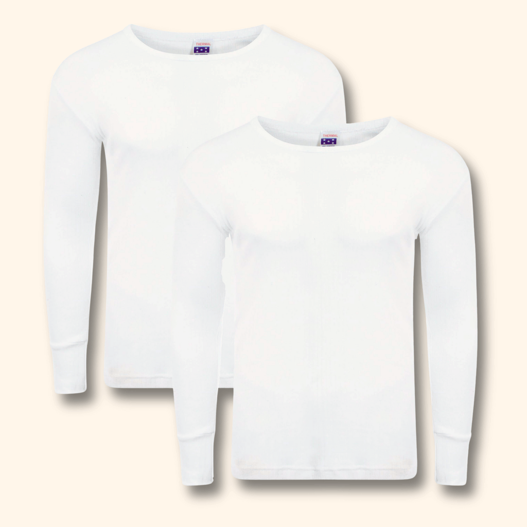 Men's brushed thermal long sleeve tops in WHITE, pack of 2, front view