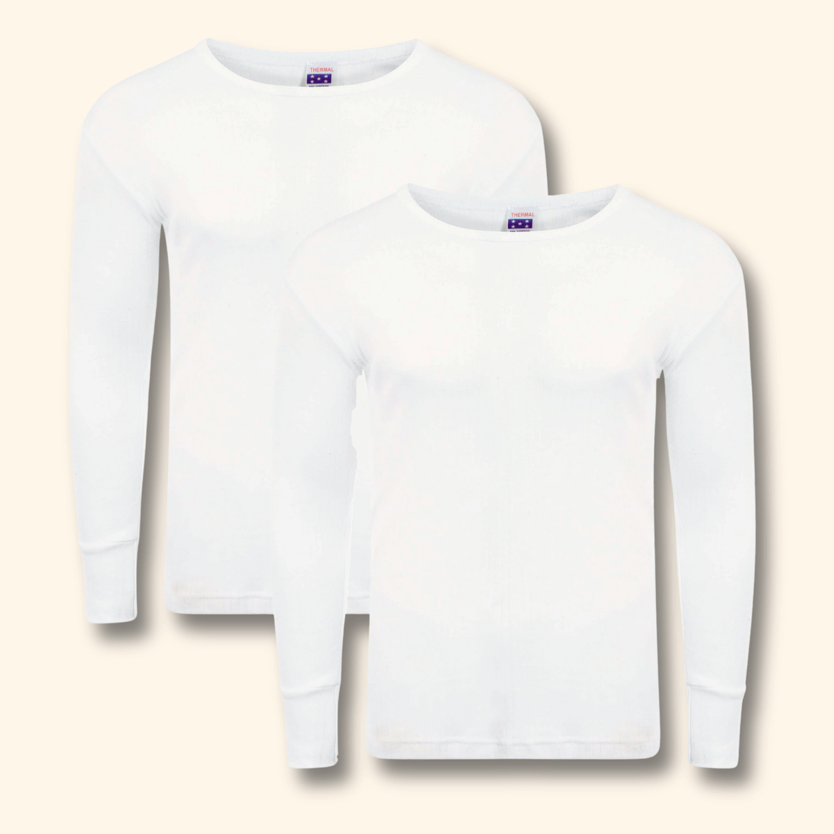 Men's brushed thermal long sleeve tops in WHITE, pack of 2, front view