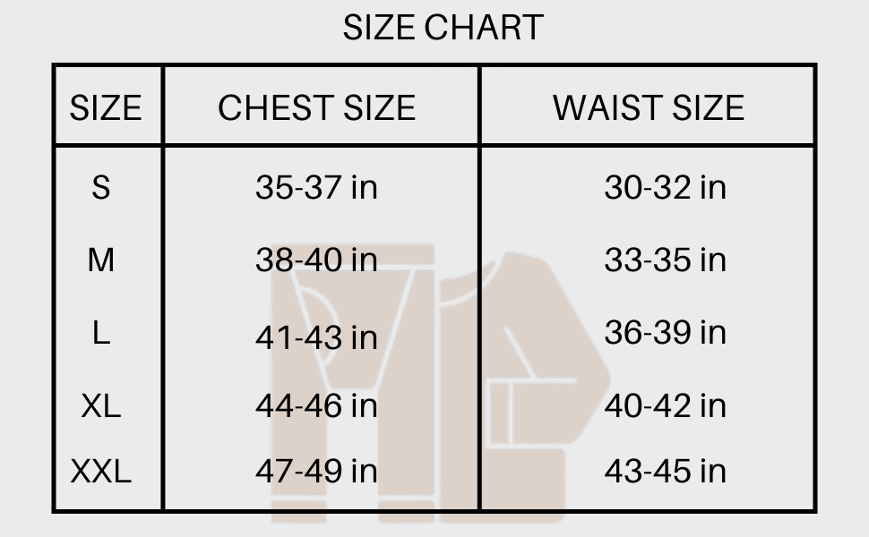 Size chart for men's thermal tops, with chest and waist sizes in inches for S to XXL