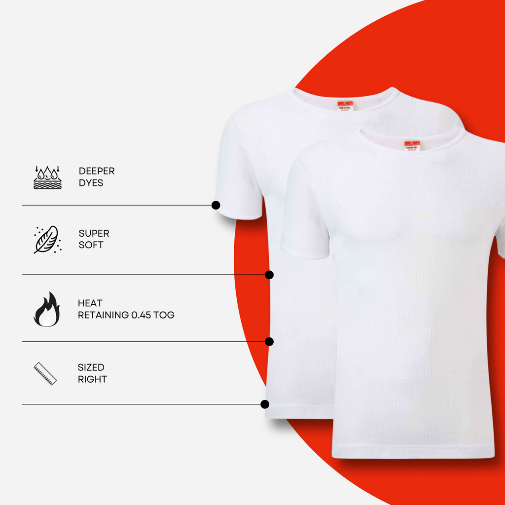 Two white short sleeve thermal t-shirts with callouts including super soft and heat retaining 0.45 tog
