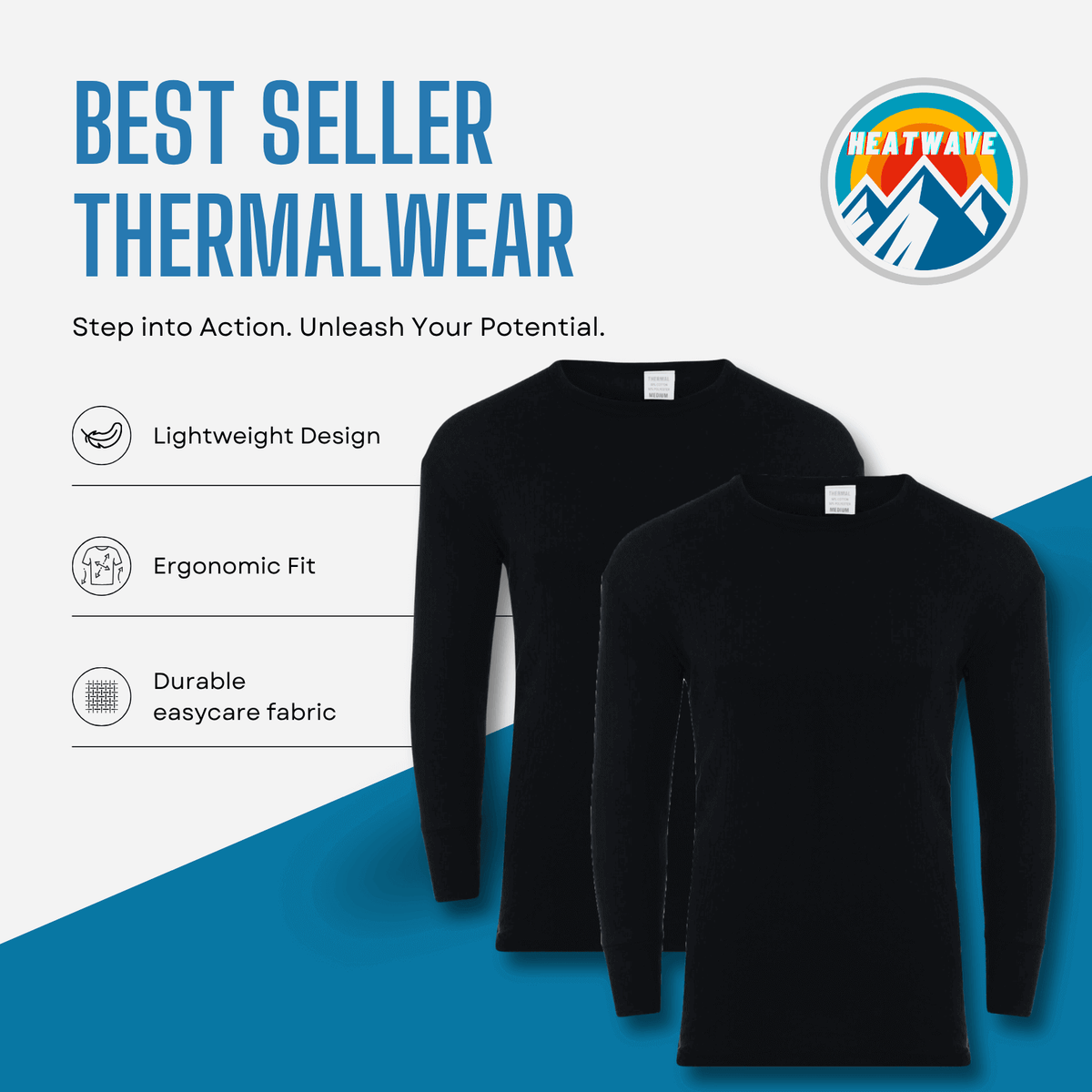 Two men's thermal long sleeve tops in BLACK, with callouts for lightweight design, ergonomic fit and easycare fabric