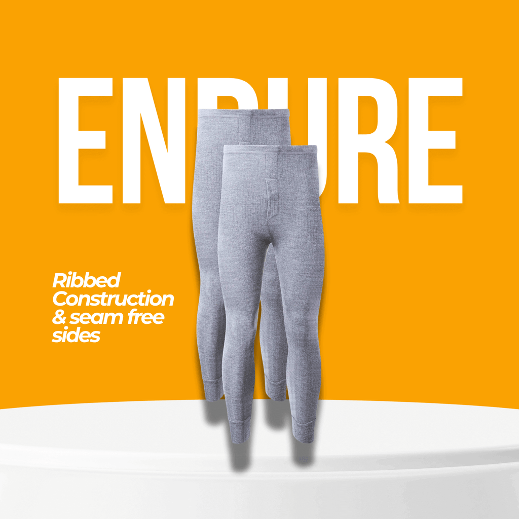 Two pairs of grey ribbed thermal long johns on an orange background, captioned ribbed construction and seam-free sides