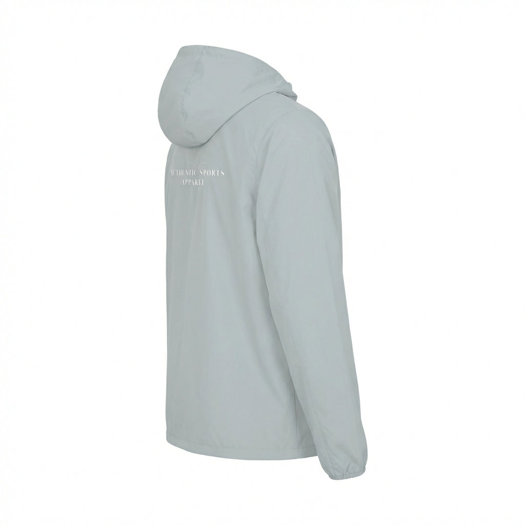 Unisex lightweight packable windbreaker jacket in Light Grey, side back view