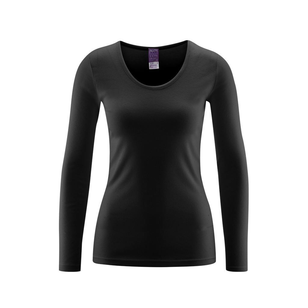 Women's organic cotton thermal long sleeve t-shirt in Black, front view