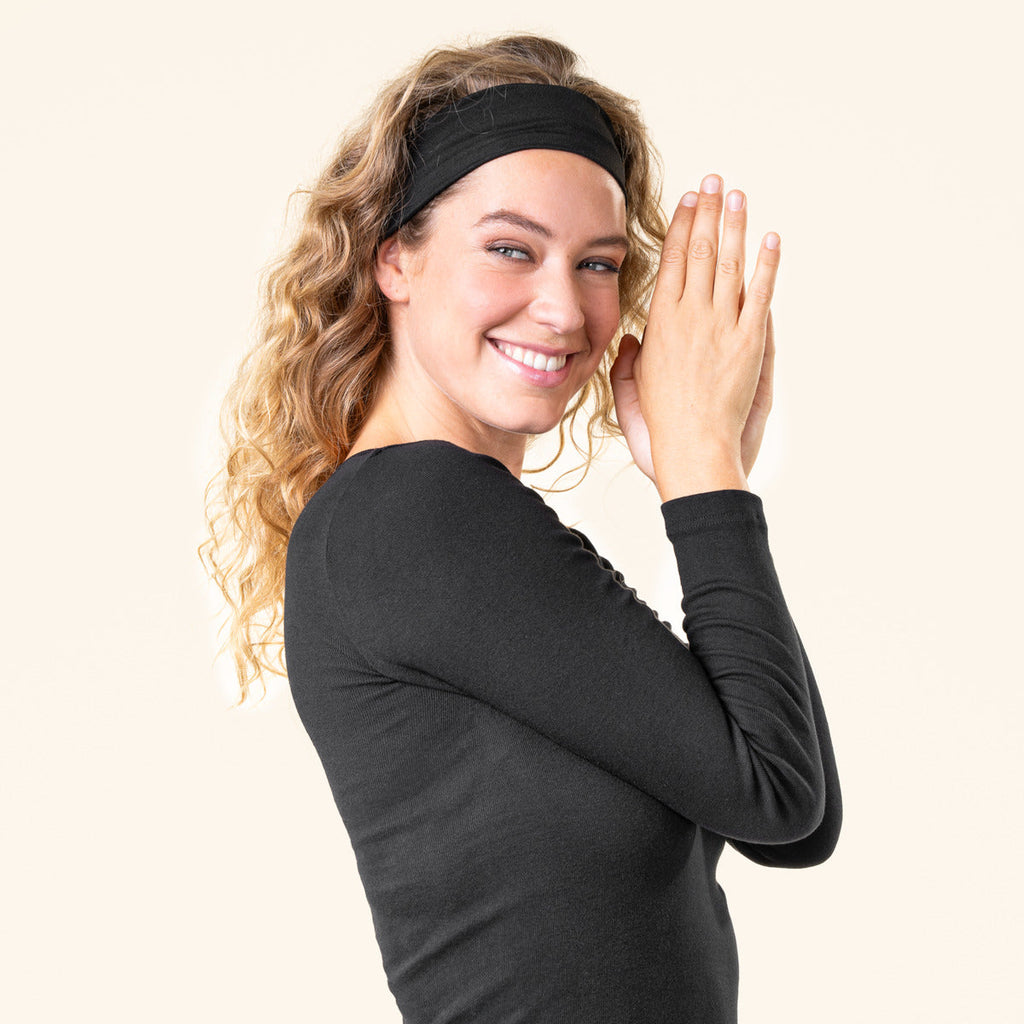 Women's organic cotton thermal long sleeve t-shirt in Black, side view
