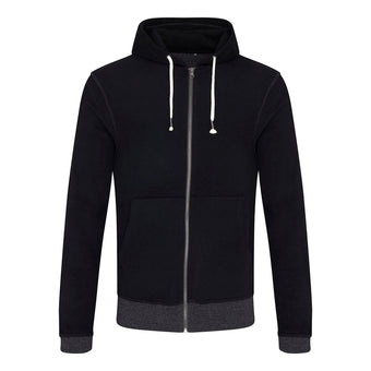 Recycled contrast zip hoodie in Black/ Charcoal, front view