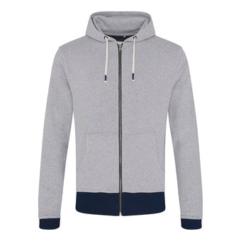 Recycled contrast zip hoodie in Heather Grey/ Navy, front view