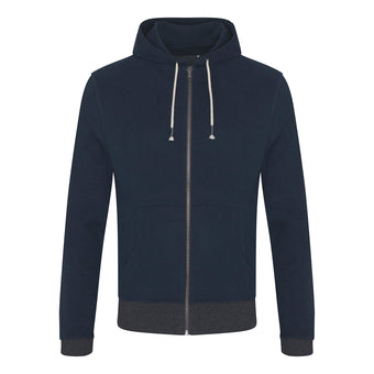 Recycled contrast zip hoodie in Navy/ Charcoal, front view