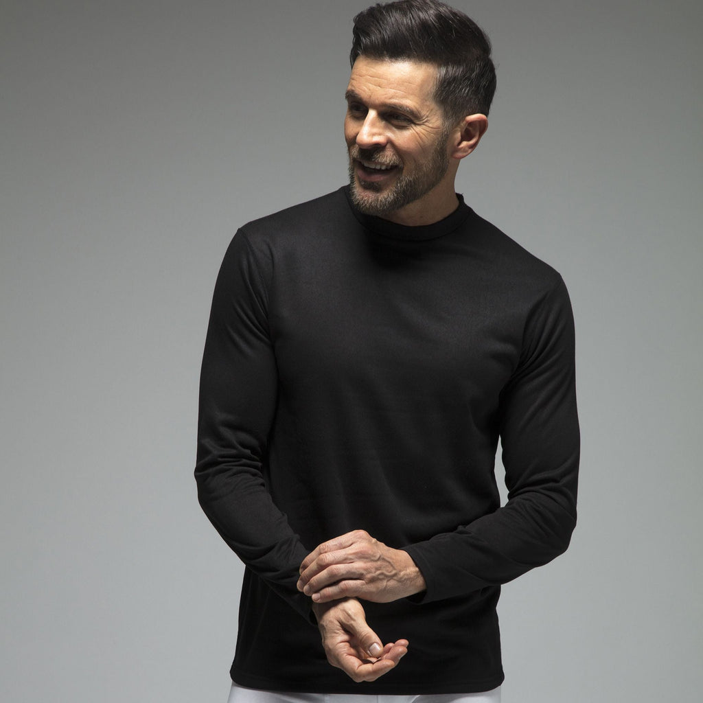Men's fleece-lined thermal long sleeve top in Black, close-up worn by a model, three-quarter view