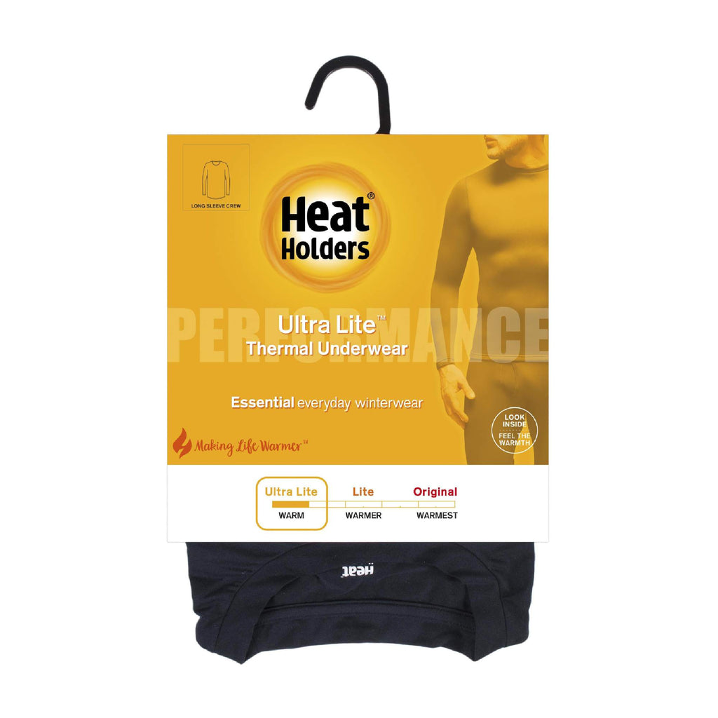 Men's fleece-lined thermal long sleeve top in Black, in Ultra Lite thermal underwear packaging
