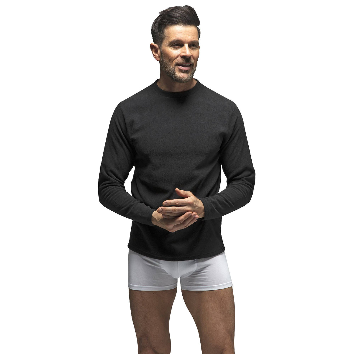 Men's fleece-lined thermal long sleeve top in Black (XX-Warm - Original), worn by a model, front view