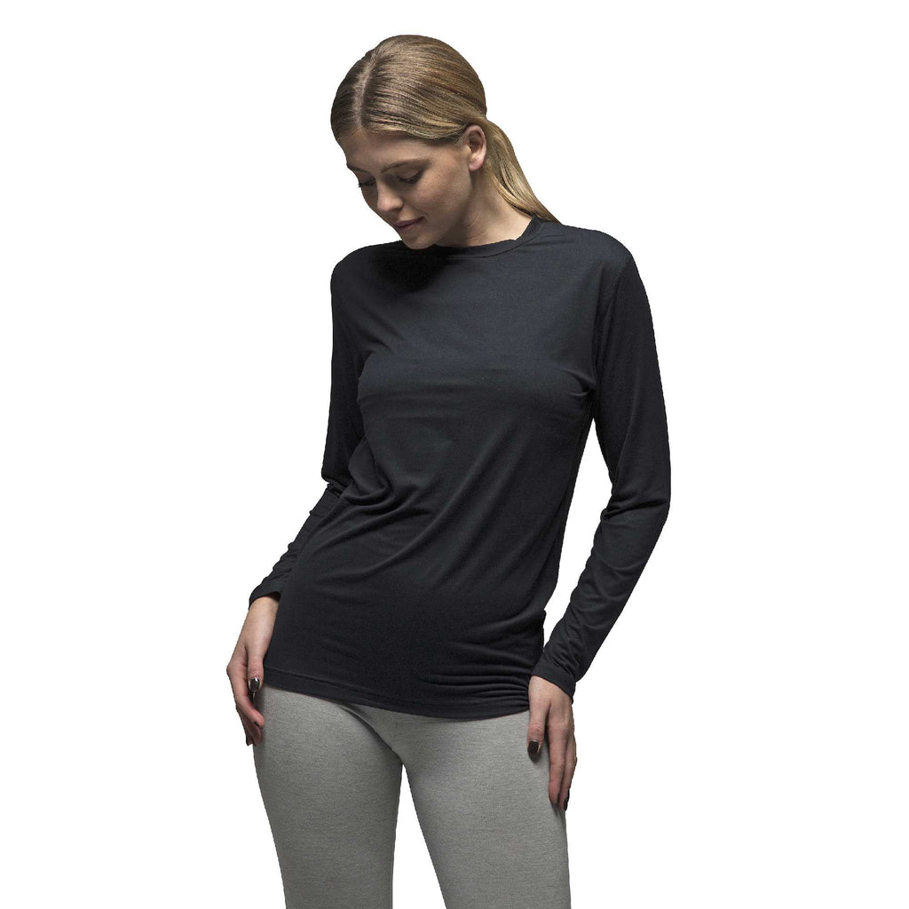 Women's fleece-lined thermal long sleeve top in Black (Warm - Ultra Lite), worn by a model, front view