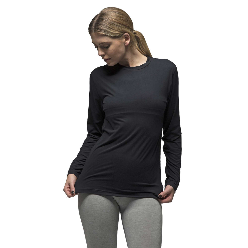 Women's fleece-lined thermal long sleeve top in Black (X-Warm - Lite), worn by a model, front view