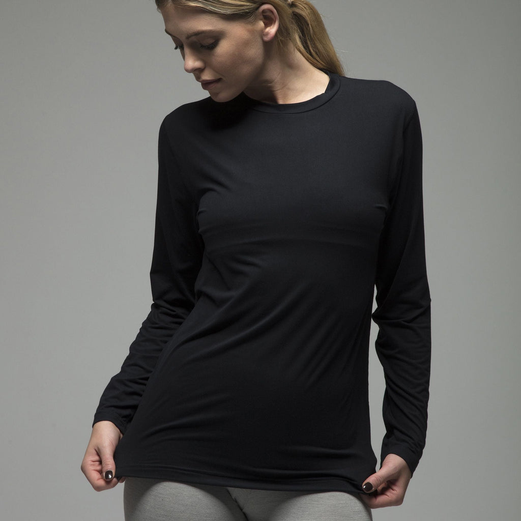 Women's fleece-lined thermal long sleeve top in Black, close-up worn by a model, front view