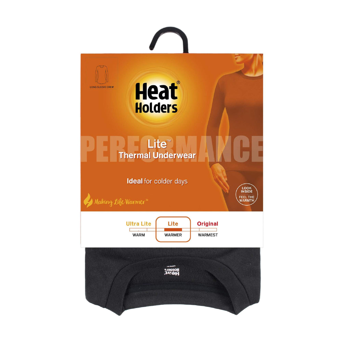 Women's fleece-lined thermal long sleeve top in Black, in Lite thermal underwear packaging