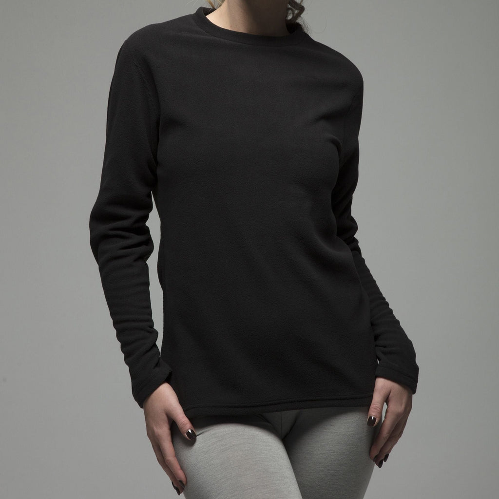 Women's fleece-lined thermal long sleeve top in Black, close-up worn by a model, three-quarter view