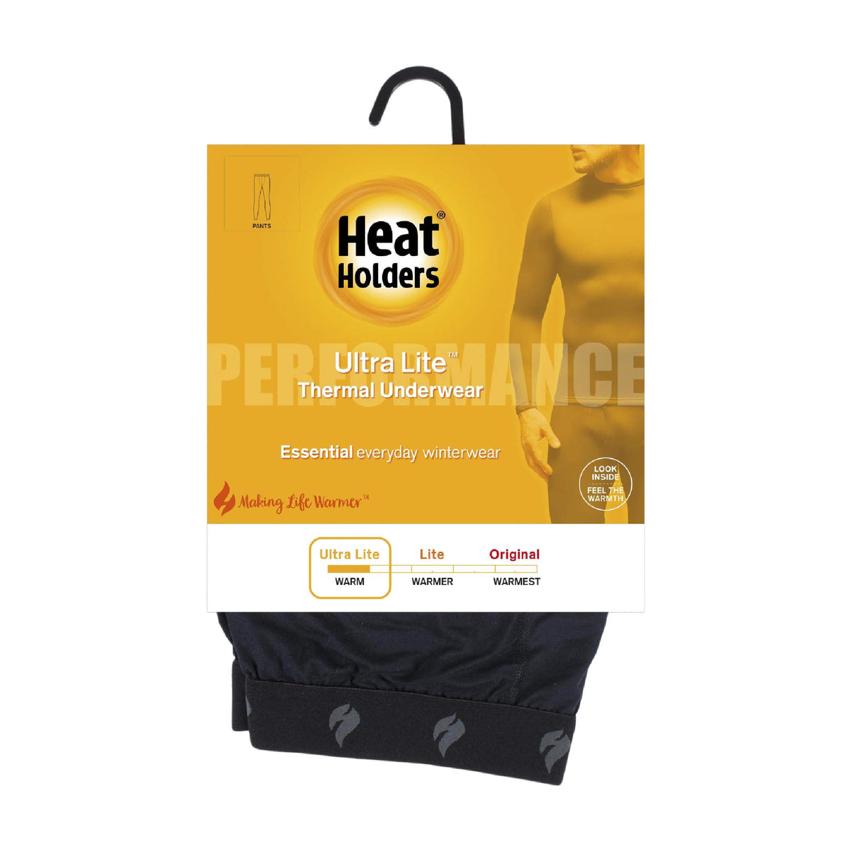 Men's fleece-lined thermal long johns in Black, in Ultra Lite thermal underwear packaging