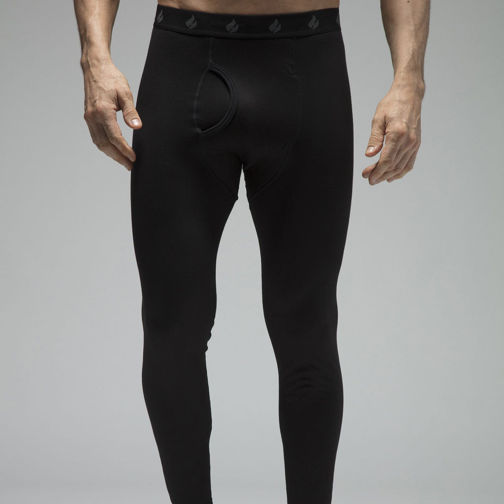 Men's fleece-lined thermal long johns in Black, close-up worn by a model, front view