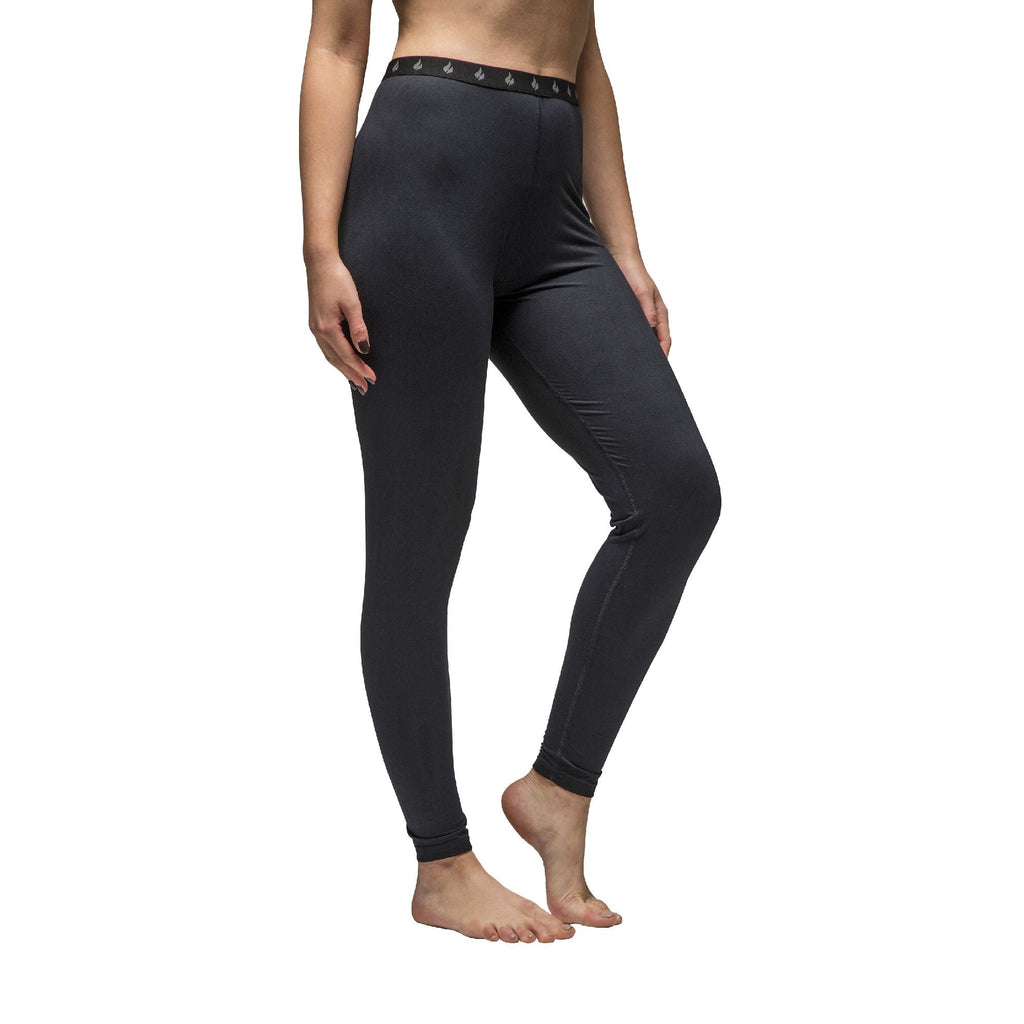 Women's fleece-lined thermal long johns in Black (Warm - Ultra Lite), worn by a model, three-quarter view
