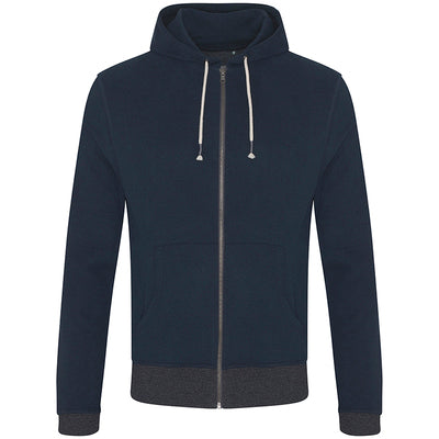 Recycled contrast zip hoodie in Navy/ Charcoal, front view
