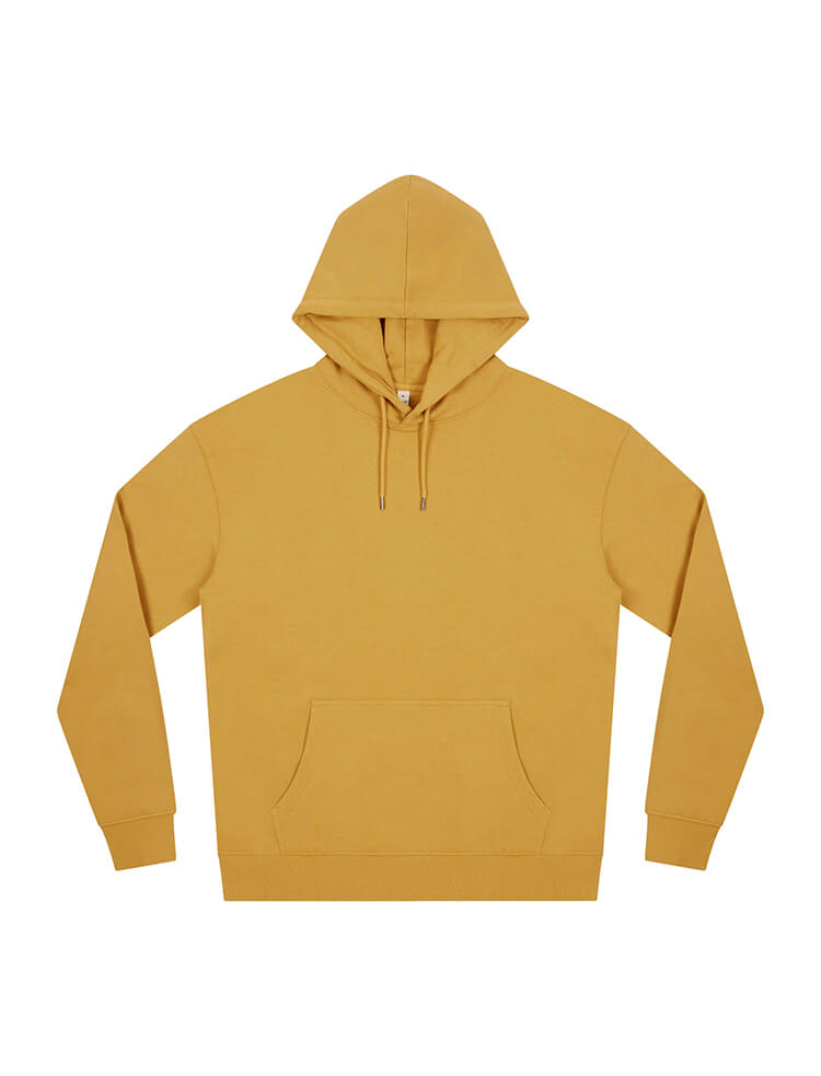 Unisex organic cotton faded hoodie in Faded Mustard, front view