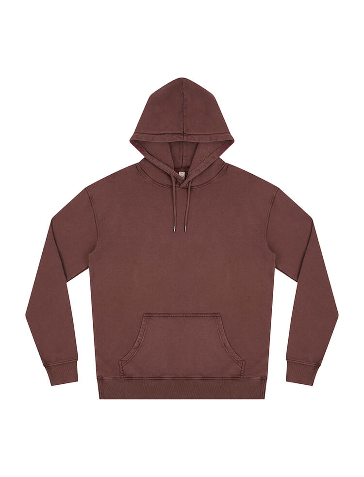 Unisex organic cotton faded hoodie in Stone Washed Burgundy, front view