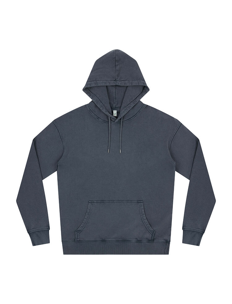 Unisex organic cotton faded hoodie in Stone Washed Denim, front view