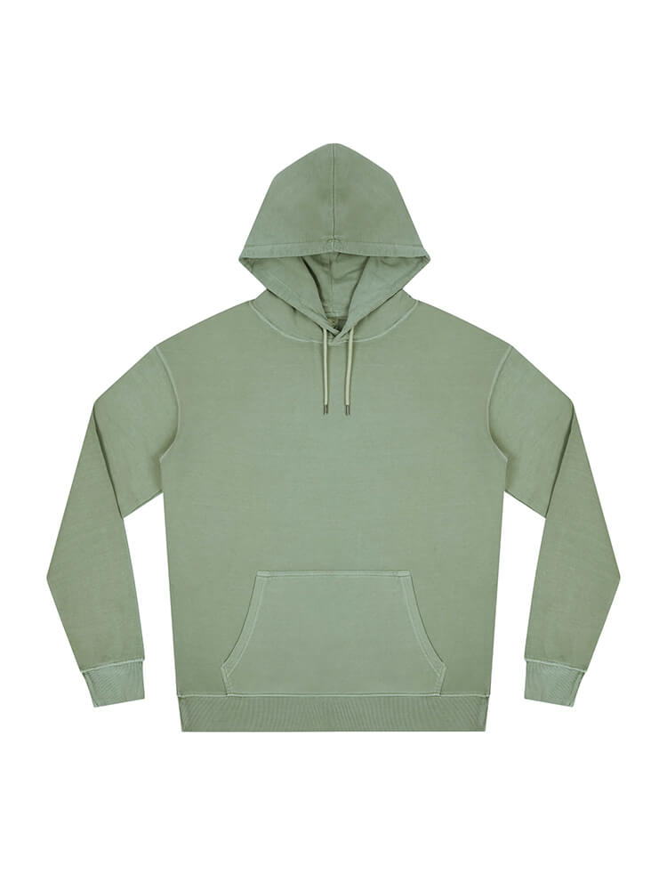 Unisex organic cotton faded hoodie in Stone Washed Sage Green, front view
