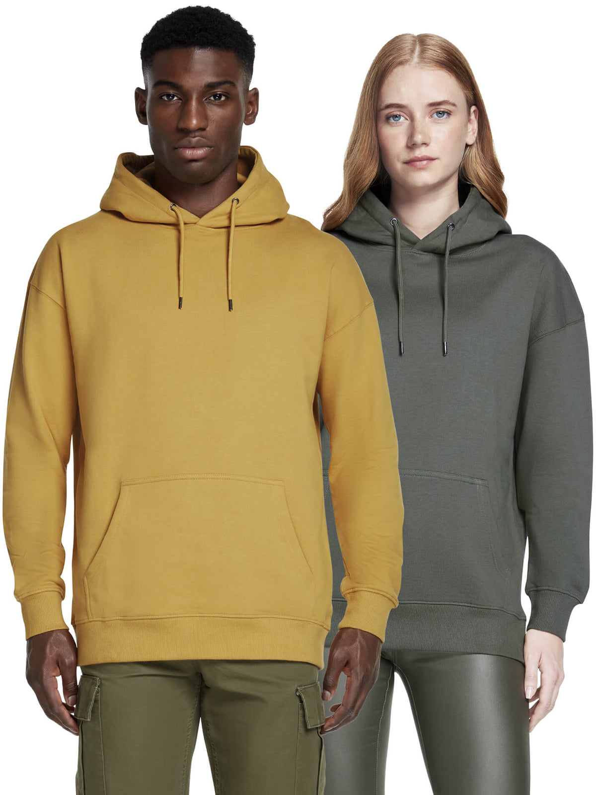 Two models wearing the unisex organic cotton faded hoodie in Faded Mustard and Stone Washed Green, front view