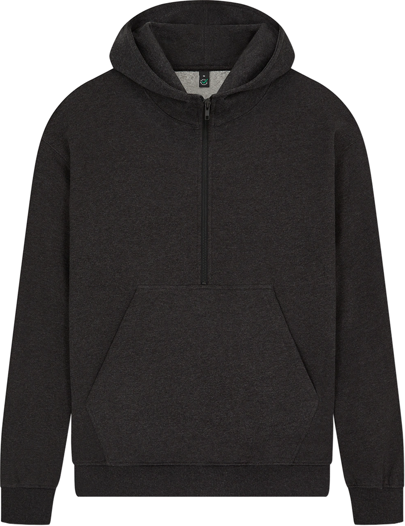 Unisex organic half zip hoodie in Black Heather, front view