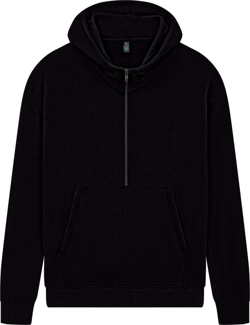 Unisex organic half zip hoodie in Black, front view
