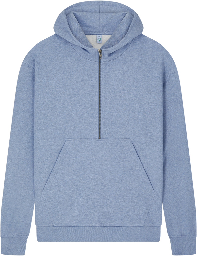 Unisex organic half zip hoodie in Light Blue Heather, front view