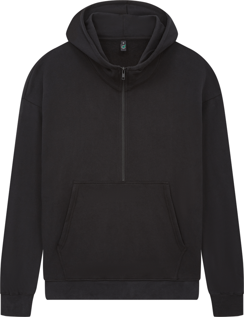 Unisex organic half zip hoodie in Sueded Black, front view