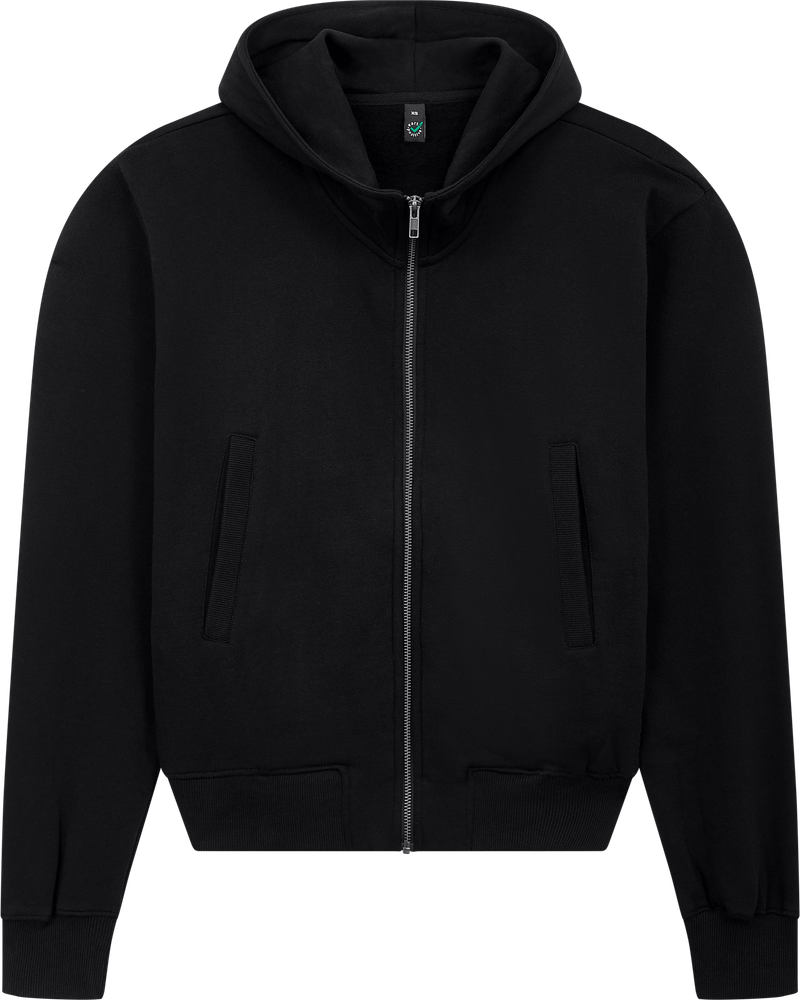Organic bomber jacket hoodie in Black, front view