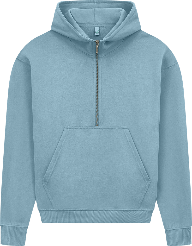 Women's organic half zip hoodie in Sueded Blue Dusk, front view