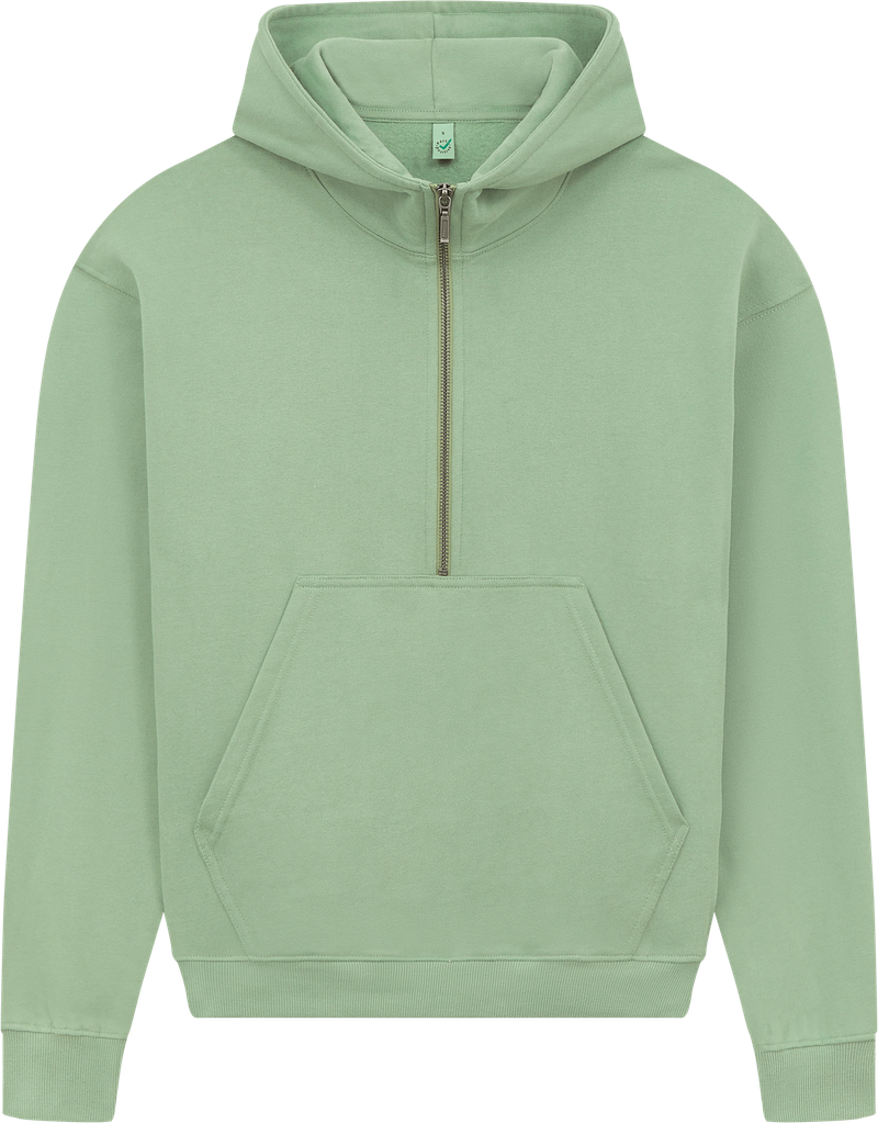 Women's organic half zip hoodie in Sueded Bamboo Green, front view
