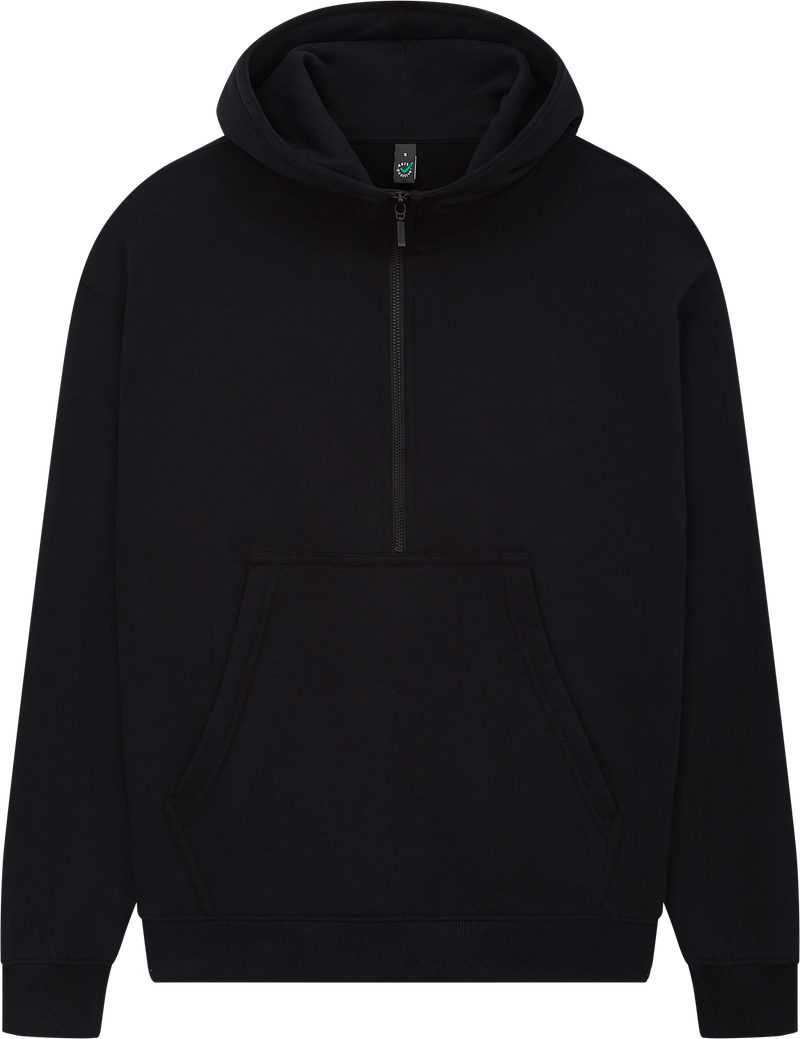 Women's organic half zip hoodie in Sueded Black, front view