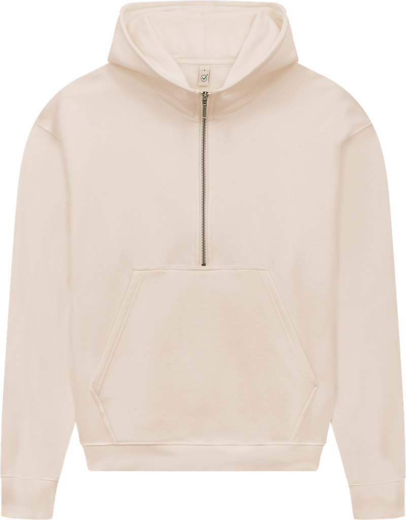 Women's organic half zip hoodie in Sueded Fawn, front view