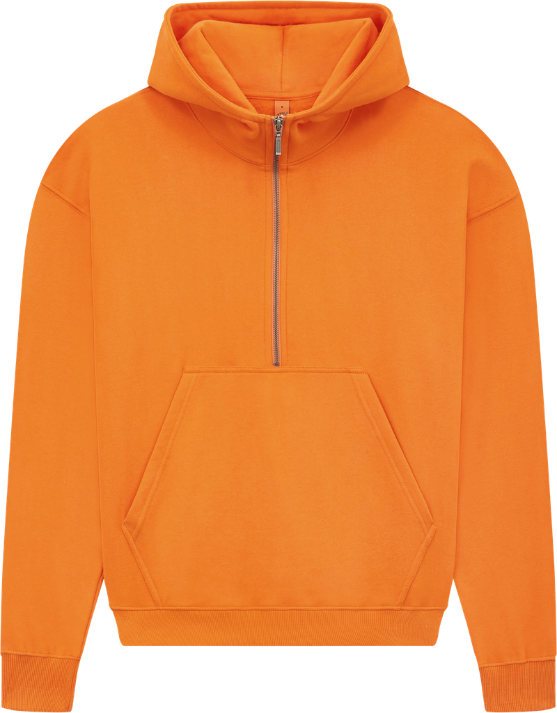 Women's organic half zip hoodie in Sueded Orange, front view