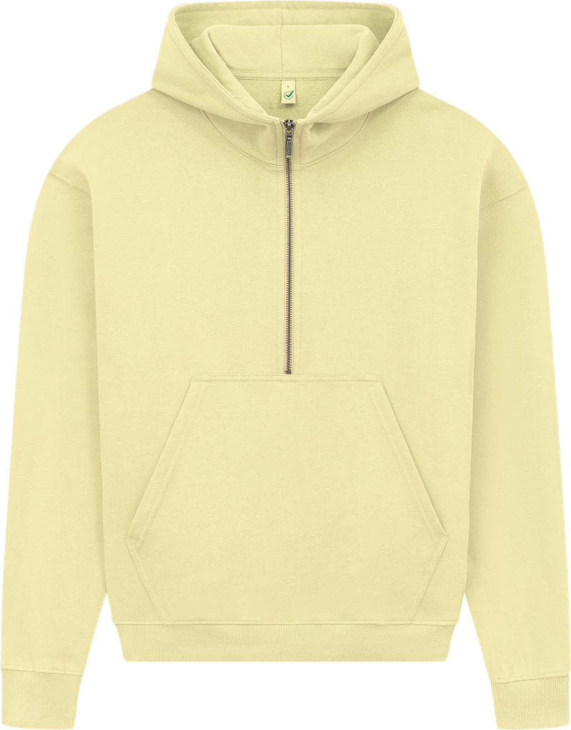 Women's organic half zip hoodie in Sueded Pale Lemon, front view